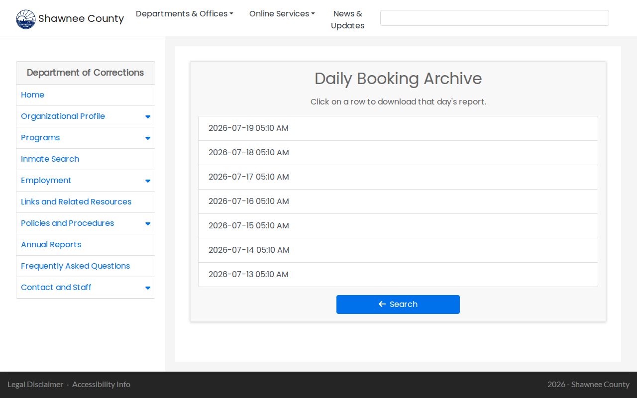 Shawnee County daily booking archive used for a three-report release check