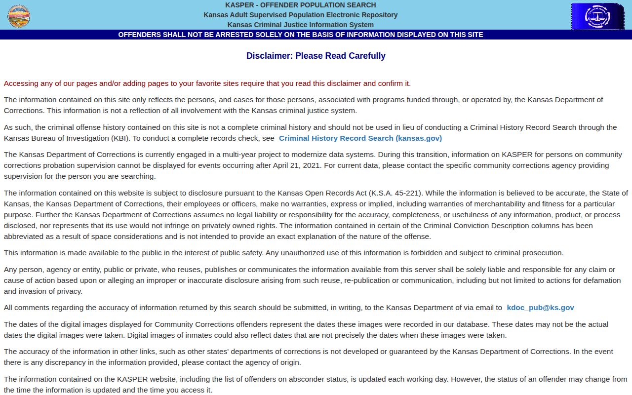 KASPER search disclaimer for Kansas corrections records