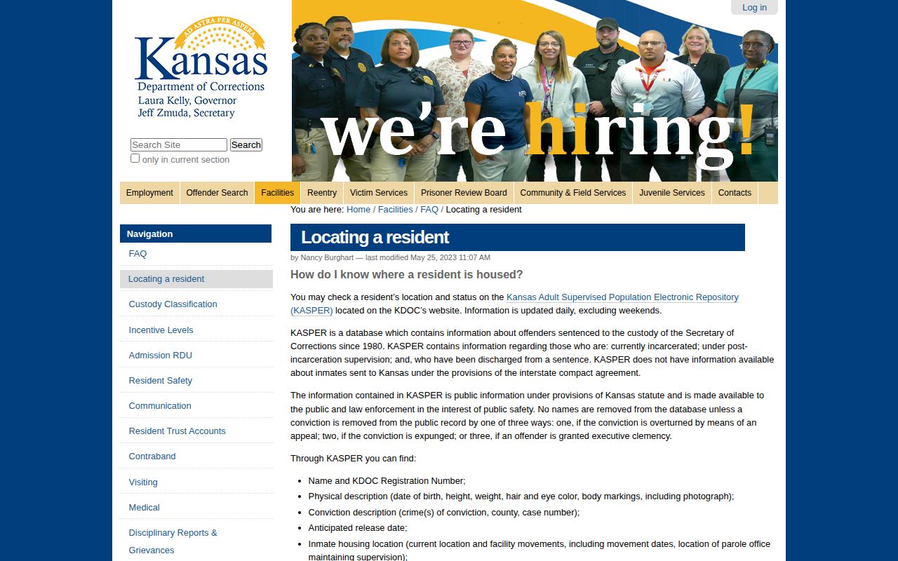 KDOC KASPER information about locating an offender and changing anticipated release dates
