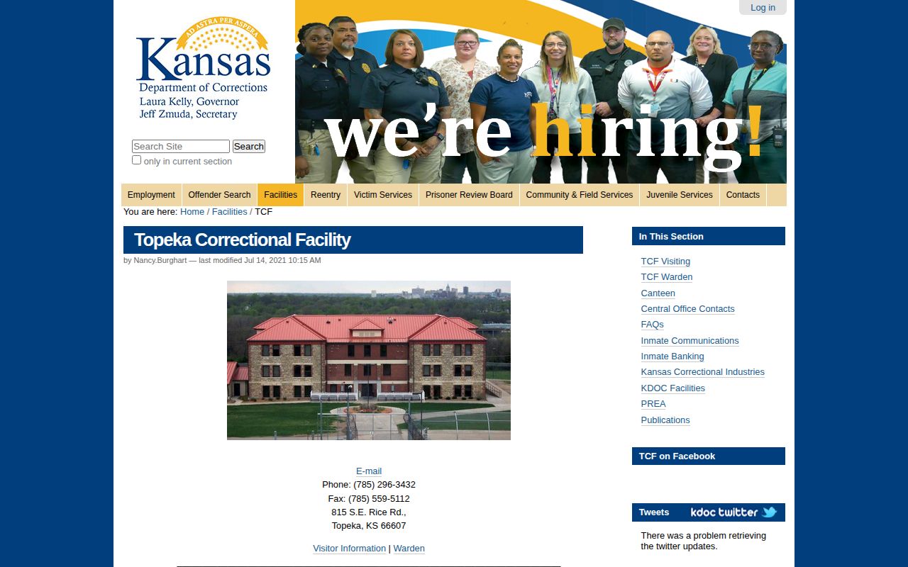 Topeka Correctional Facility state prison release contact